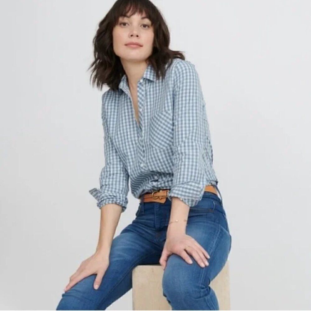 Untuckit women’s Crispo long sleeve cotton blue white gingham shirt size 4 NWT